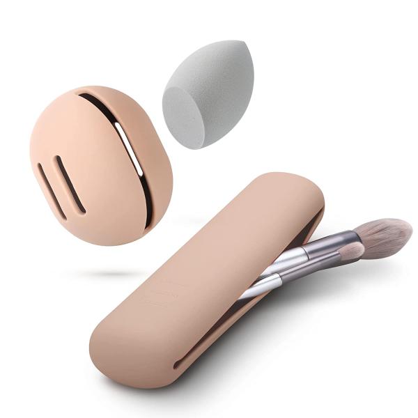 FERYES Travel Makeup Sponge Brush Holder, Soft Silicone Beauty Make Up Brush Blender Case Organizer for Travel