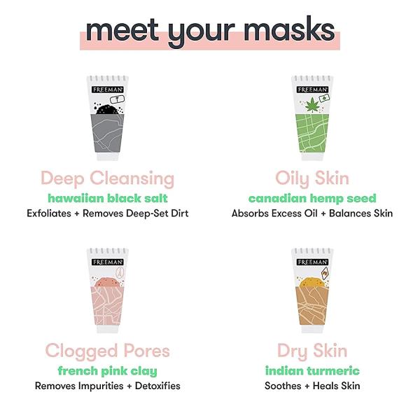 FREEMAN Exotic Blends Face Mask Variety Set with Clay， Peel-Off， Gel， &amp; Cream Facial Masks， Skincare for Women， Face Mask Essentials Kit， Hydrating， Soothing， &amp; Purifying， 4 Count Tubes