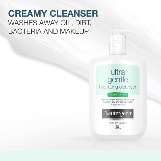 Neutrogena Ultra Gentle Hydrating Daily Facial Cleanser for Sensitive Skin, Acne, Eczema & Rosacea, Oil-Free, Soap-Free, Hypoallergenic & Non-Comedogenic Creamy Face Wash, 12 fl. oz