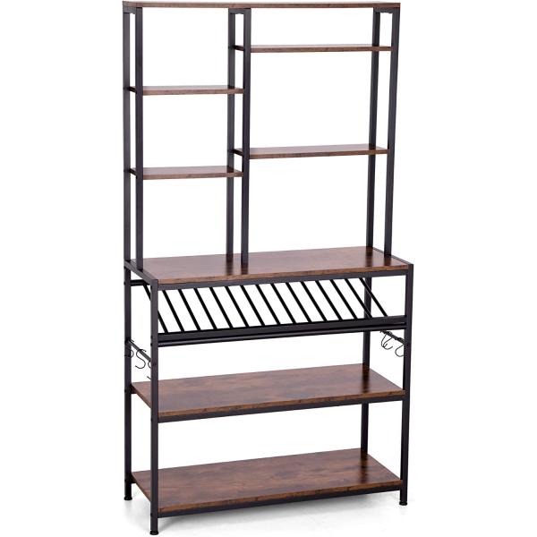 MAISON ARTS Bakers Racks for Kitchens with Storage， Microwave Stand Coffee Bar Station with 6 Hooks Wine Storage， Industrial Kitchen Shelf， Rustic Brown