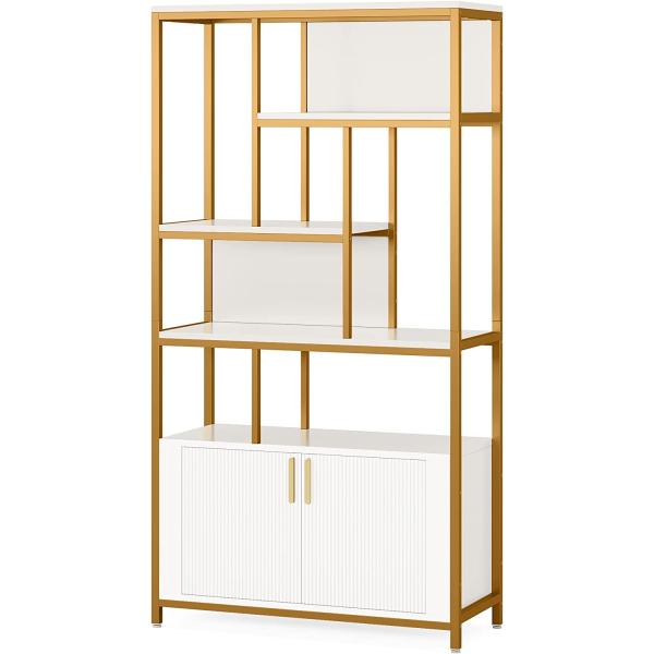 Tribesigns White Bookshelf with Doors， 70.86" Tall Etagere Bookcase with Storage Cabinet， Free-Standing Modern Gold Display Rack Shelves for Bedroom Living Room Office (White and Gold)