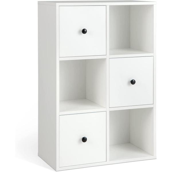 Giantex 6-Cube Bookcase with Drawers, 3-Tier Freestanding Wooden Bookshelf with Anti-toppling Device, Wood Cube Storage Organizer for Kids Room, Living Room, Study, Bedroom, White