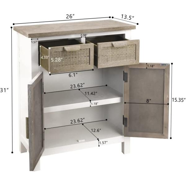 Nlur Rattan Storage Cabinet， Sideboard Cabinet Kitchen Buffet with 2 Drawers， 2 Doors， Entryway Console Cane Cabinet for Living Room， Bedroom or Office