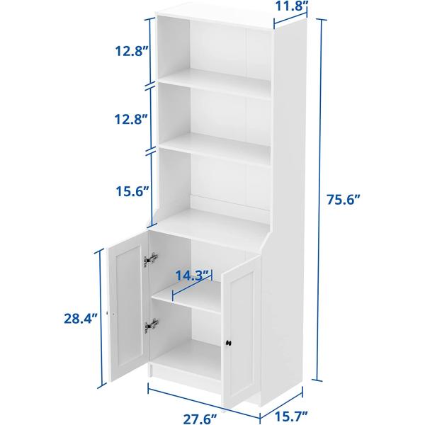 Cozy Castle White Bookshelf with Doors， Tall Bookcase with 3-Tier Open Shelves for Bedroom， Living Room， 27.6" W x 15.7" D x 75.6" H