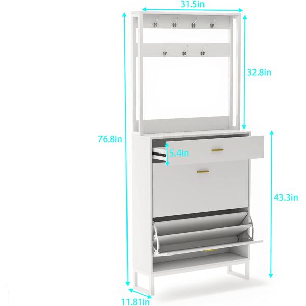 PAKASEPT Shoe Storage Cabinet， 4-Tier Shoe Rack Organizer with Drawers &amp; Coat Racks， Freestanding Shoe Rack Storage Organizer with Flip Door， Shoe Rack for Entryway， Bedroom， Hallway， White