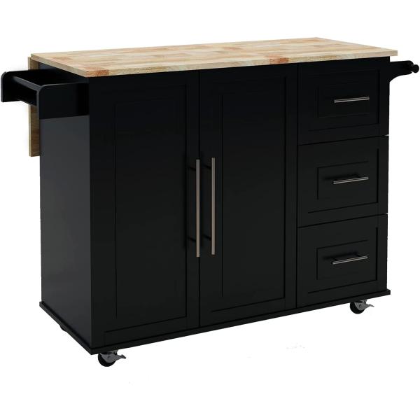 CNPRAZ Cabinet， Kitchen Island with Spice Rack， Towel Rack and Extendable Solid Wood Top， Multi Purpose， Large Storage - Black