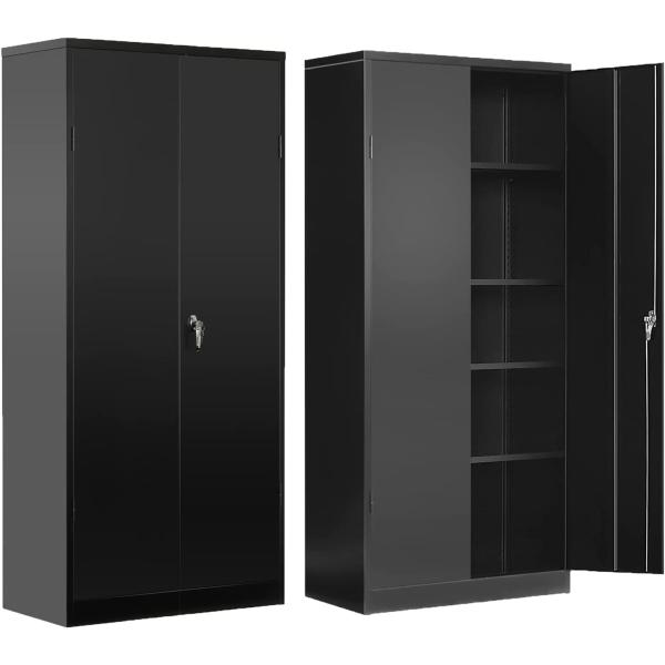 Greenvelly Locking Cabinet, Metal Garage Storage Cabinet with Doors and Shelves for Home Office, Black Steel Tool Cabinet with Lock, Lockable Large Utility Locker with Keys for Warehouse, Pantry Room