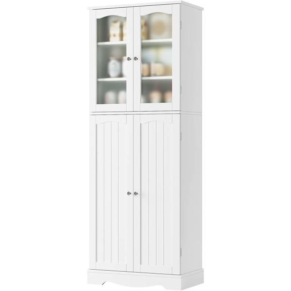HORSTORS 64" Kitchen Pantry Cabinet， Modern Tall Cabinet with Glass Doors and Adjustable Shelves， Freestanding Utility Storage Cabinet Cupboard for Kitchen， Living Room， Dining Room， White