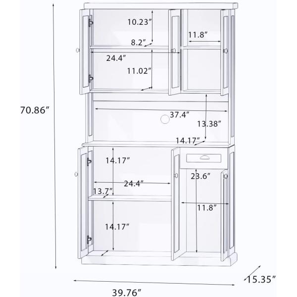 RASOO Buffet Hutch Cabinet Kitchen Sideboard Pantry Cabinet Wood Kitchenware Server Kitchen Storage Microwave Cabinet with 3 Doors Upstairs and 3 Doors downstairs and 1 Drawer， White
