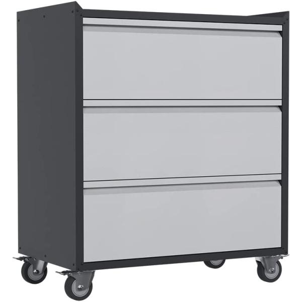 Reemoon Rolling Garage Storage Cabinet with Wheels， Metal Tool Storage Cabinet with 3 Drawers， Black &amp; Gray