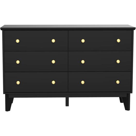 JOZZBY 6-Drawer Black Dresser with Metal Handles，Modern Dresser for Bedroom，Wood Storage Chest of Drawers for Living Room Hallway Entryway