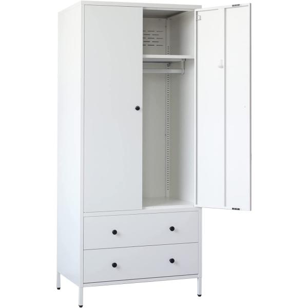 CJF Metal Storage Wardrobe with Hanging Rod， Armoire with 2 Doors and 2 Drawers，Steel Wardrobe Closet for Home， Office 74" H x 31.5" W x 20" D (White)