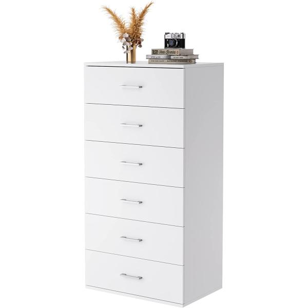 FOTOSOK 6 Drawer Dresser with Mental Handles， 23.6L x 15.7W x 46.9H Inches Chest of Drawers with 6-Layer Modern Floor Storage Cabinet， Tall Nightstand for Bedroom， Living Room， White