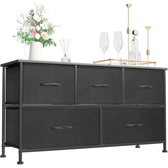 Devoko Dresser for Bedroom with 5 Drawers, Wide Chest of Drawers with Fabric Bins, Storage Organizer Unit with Steel Frame and Wooden Top for Living Room, Closets, TV Stand,Hallway and Entryway