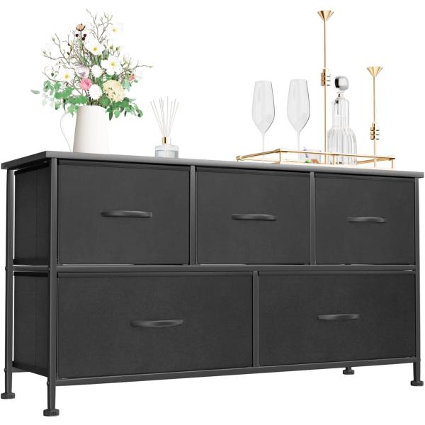 Devoko Dresser for Bedroom with 5 Drawers, Wide Chest of Drawers with Fabric Bins, Storage Organizer Unit with Steel Frame and Wooden Top for Living Room, Closets, TV Stand,Hallway and Entryway