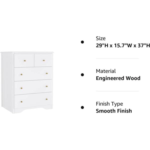 HOUSUIT Dresser with 5 Drawers, Modern Dressers for Bedroom, Wide Chest of Drawers Clothes Organizer, Wooden Nightstand for Living Room, Closet, Hallway, White