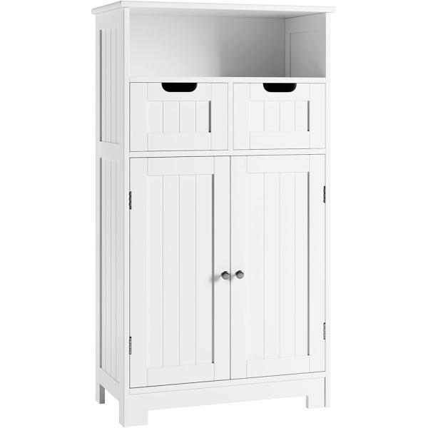 HORSTORS Bathroom Cabinet, Floor Storage Cabinet with 2 Doors and 2 Drawers, Free Standing Wooden Storage Organizer for Bathroom, Living Room, Hallway, White