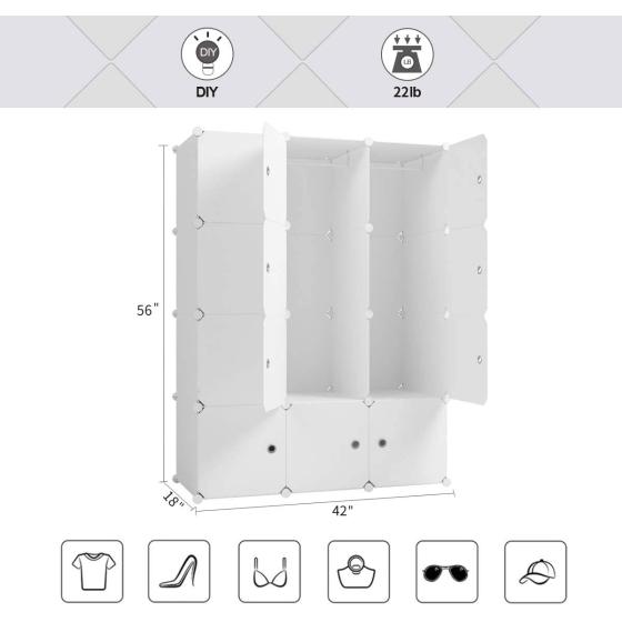 Aeitc Portable Wardrobe Closets 14"x18" Depth Cube Storage， Bedroom Armoire， Storage Organizer with Doors， 12 Cubes， White