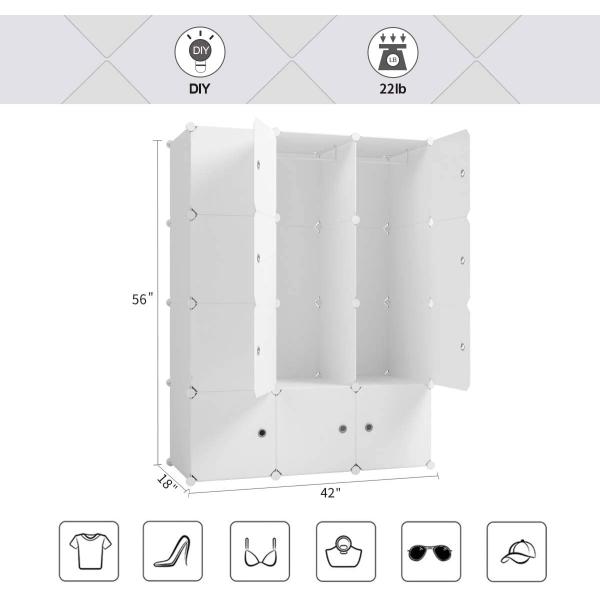Aeitc Portable Wardrobe Closets 14"x18" Depth Cube Storage， Bedroom Armoire， Storage Organizer with Doors， 12 Cubes， White