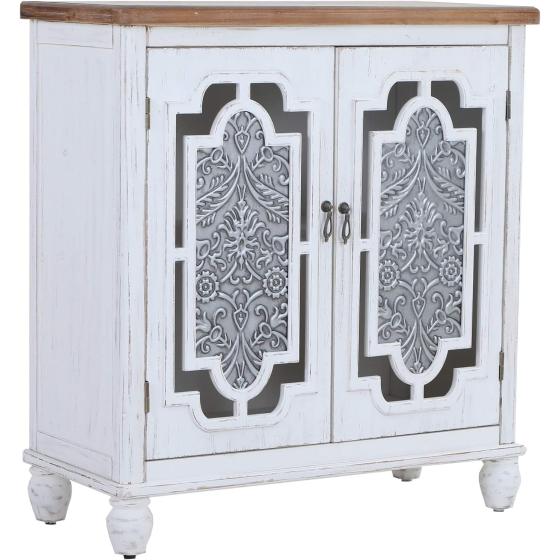 Sophia &amp; William Accent Storage Cabinet with Wood Frame and Iron Embossed Painted Door， Distressed Floor Cabinet for Entryway Bedroom Living Room
