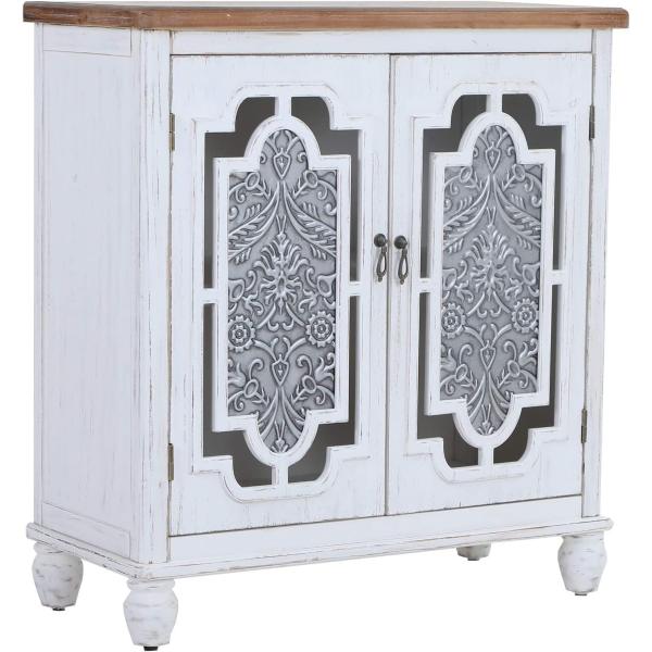Sophia &amp; William Accent Storage Cabinet with Wood Frame and Iron Embossed Painted Door， Distressed Floor Cabinet for Entryway Bedroom Living Room