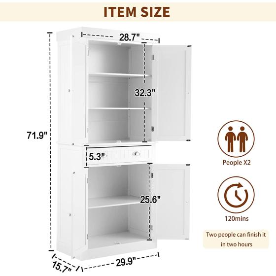 YOLENY Kitchen Pantry, 72” Freestanding Storage Cabinets with Doors and Shelves, Elegant Colonial Design Cabinet Cupboard with 3 Adjustable Shelves and 1 Storage Drawer,White