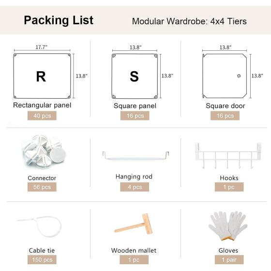 YOZO Cube Storage Organzier Portable Wardrobe Closet Bedroom Dresser (56x18x56 inches) Portable Closet Cube Shelf Armoire Pantry Cabinet， 16 Cubes， White