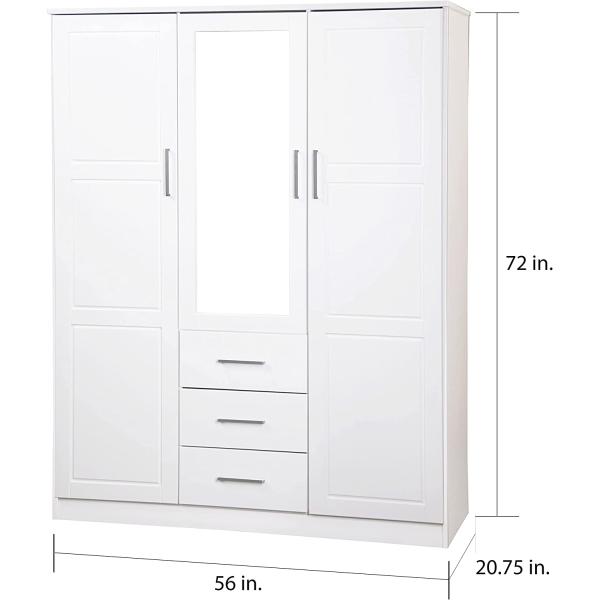 Palace Imports Cosmo Solid Wood 3-Door Wardrobe with Mirror and 3 Drawers, White. Additional Shelves Sold Separately.