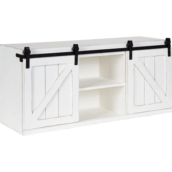 Kate and Laurel Cates Decorative Wood Wall Storage Cabinet with Two Sliding Barn Doors， Rustic Gray
