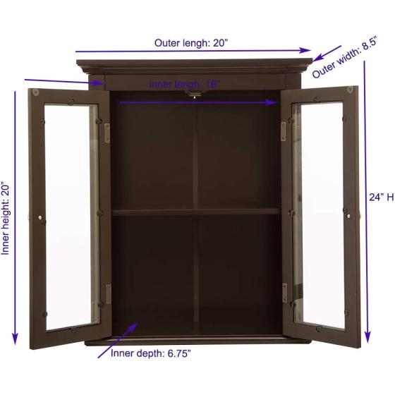 glitzhome Wooden Floor Storage Cabinet with Drawer and Glass Double Doors for Bathroom， Living Room， Bedroom， Kitchen