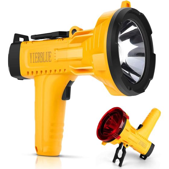 YIERBLUE Rechargeable Spotlight Flashlight 120000 High Lumen, IP66 Waterproof Spot Lights Outdoor Handheld, 20 Hours Long Lasting LED Large Flashlight with Foldable Stand and Detachable Red Filter
