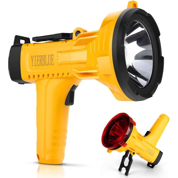 YIERBLUE Rechargeable Spotlight Flashlight 120000 High Lumen, IP66 Waterproof Spot Lights Outdoor Handheld, 20 Hours Long Lasting LED Large Flashlight with Foldable Stand and Detachable Red Filter