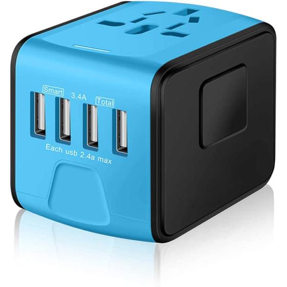 SAUNORCH Universal International Travel Power Adapter W/Smart High Speed 2.4A 4xUSB Wall Charger, European Adapter, Worldwide AC Outlet Plugs Adapters for Europe, UK, US, AU, Asia-Blue