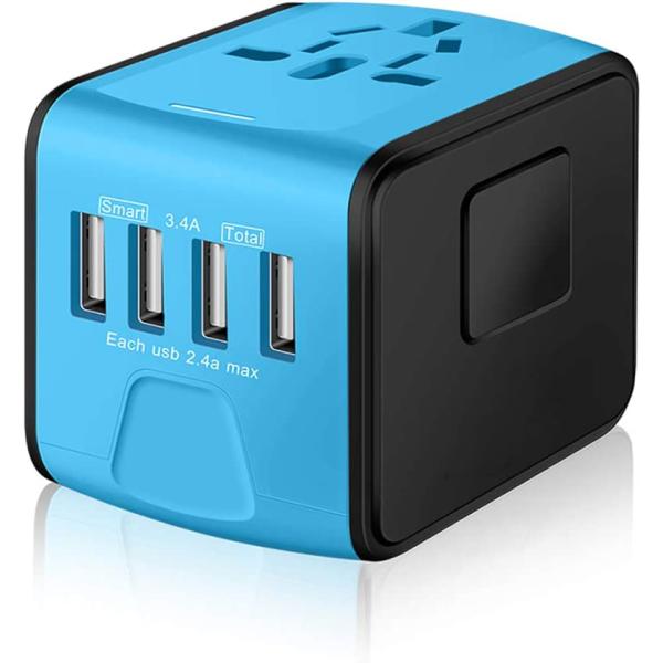 SAUNORCH Universal International Travel Power Adapter W/Smart High Speed 2.4A 4xUSB Wall Charger, European Adapter, Worldwide AC Outlet Plugs Adapters for Europe, UK, US, AU, Asia-Blue