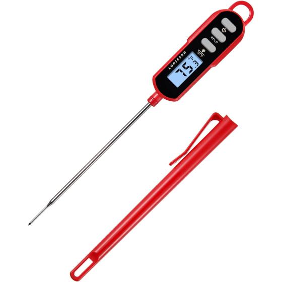 Lonicera Instant Read Digital Meat Thermometer for Cooking Food, Bread Baking, Water and Liquid Temperature, Waterproof and Long Probe for Candy, with Backlit LCD and Magnet (Red)