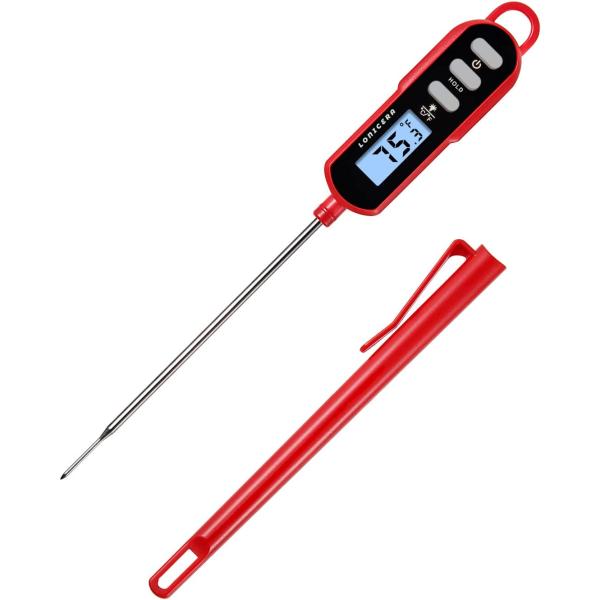 Lonicera Instant Read Digital Meat Thermometer for Cooking Food, Bread Baking, Water and Liquid Temperature, Waterproof and Long Probe for Candy, with Backlit LCD and Magnet (Red)