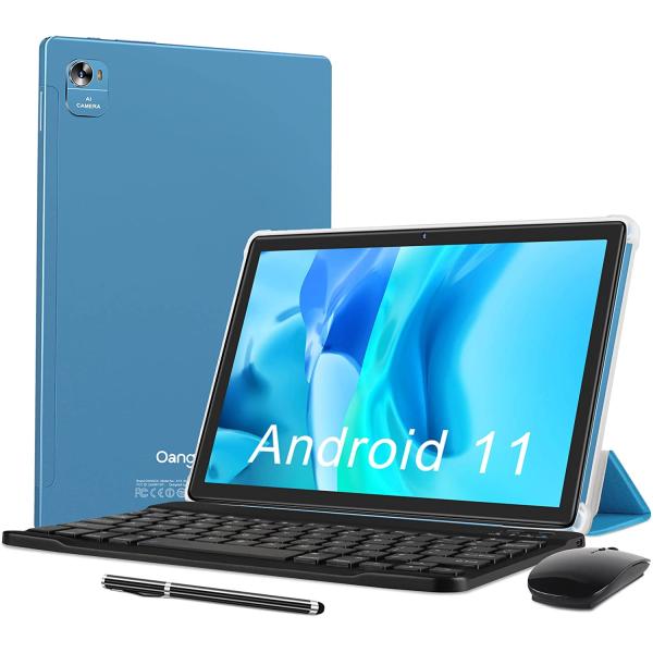 Oangcc 10.1" Android 11 Tablet, 2 in 1 Tablet 4GB RAM 64GB ROM (Up to 128G) Dual Camera Computer Tablet PC with Bluetooth Keyboard | Wireless Mouse | Stylus | Case | and More - Black