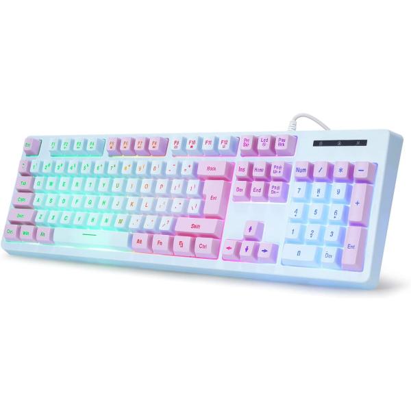 HUO JI Gaming Keyboard USB Wired with Rainbow LED Backlit, Quiet Floating Keys, Mechanical Feeling, Spill Resistant, Ergonomic for Xbox, PS Series, Desktop, Computer, PC, Blue Purple