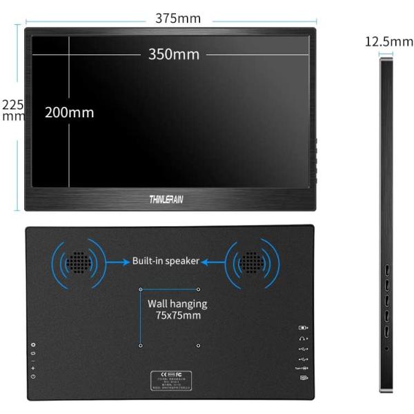 Thinlerain Portable Monitor, 15.6 Inch FHD IPS 1920x1080P Display USB C Type C Monitor External Second Monitor for Laptop PS3 PS4 Xbox Switch, USB C, Mini Hdmi, Type A, Built-in Speaker