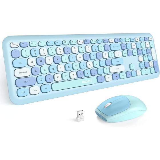 MOFII Wireless Keyboard and Mouse Combo, Blue Retro Keyboard with Round Keycaps, 2.4GHz Dropout-Free Connection, Cute Wireless Mouse for PC/Laptop/Mac/Windows XP/7/8/10 (Blue-Colorful)