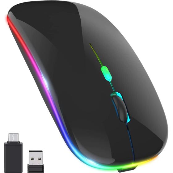 【Upgrade】 LED Wireless Mouse, Slim Silent Mouse 2.4G Portable Mobile Optical Office Mouse with USB & Type-c Receiver, 3 Adjustable DPI Levels for Notebook, PC, Laptop, Computer, MacBook (Black)