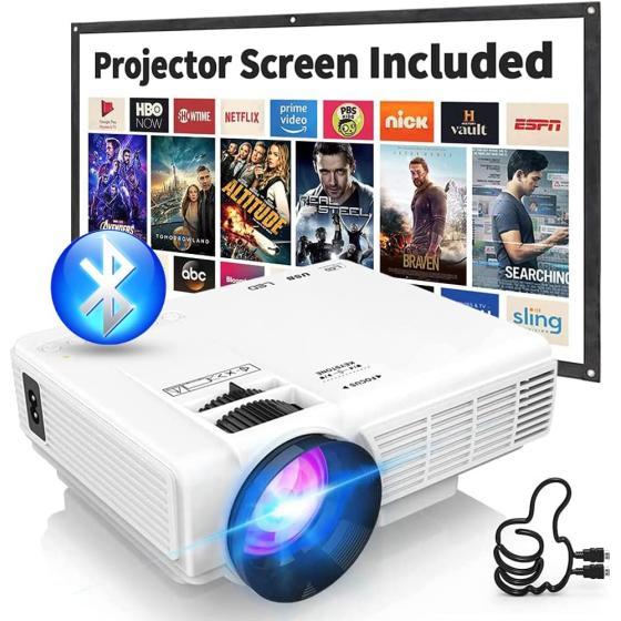 2023 Upgraded Mini Projector with Bluetooth and Projector Screen, Full HD 1080P Supported Portable Video-Projector, Home Theater Movie Projector Compatible with HDMI,VGA,USB,AV,Laptop,Smartphone