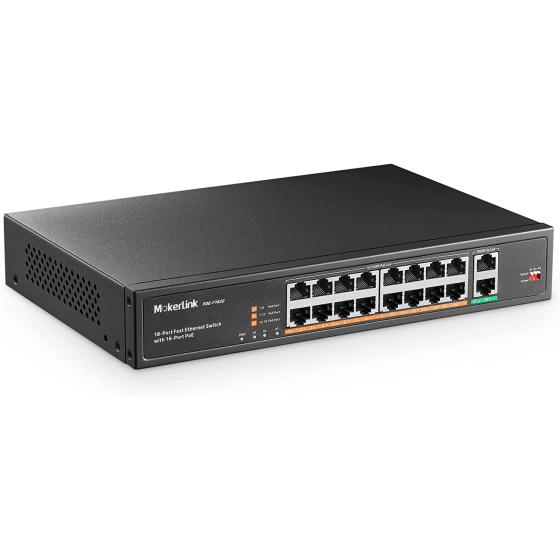 MokerLink 16 Port PoE Switch with 2 Gigabit Uplink Ethernet Port, 250W High Power, Support IEEE802.3af/at, Rackmount Unmanaged Plug and Play