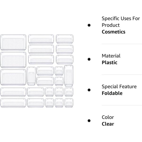 WOWBOX 25 PCS Clear Plastic Drawer Organizer Set, 4 Sizes Desk Drawer Divider Organizers and Storage Bins for Makeup, Jewelry, Gadgets for Kitchen, Bedroom, Office Bathroom, Office
