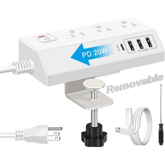 Desk Clamp Power Strip with USB C (20W PD) - Removable Surge Protector with 3 Outlet 4 USB Ports - Multi Outlet Plug Edge Mount Desktop Power Station Charging Hub - Home Office Desk Accessories