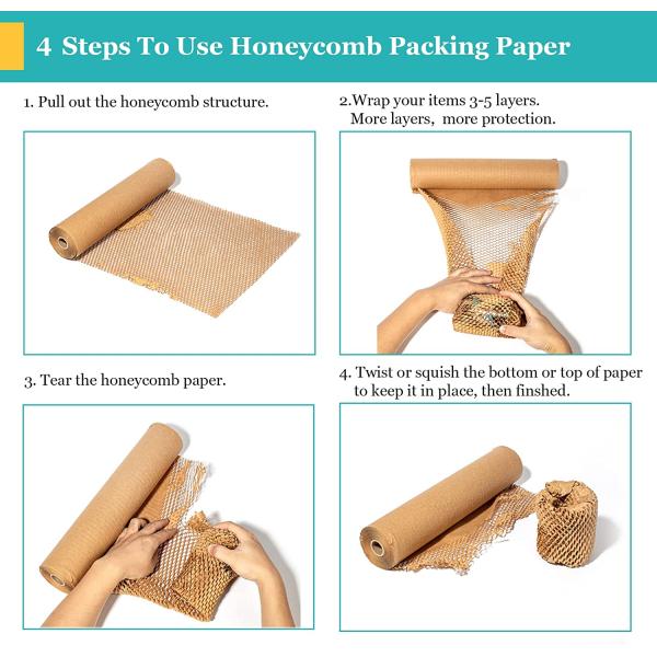 MCfleet 15"x135' Honeycomb Packing Paper Wrap Roll, Eco Friendly Packaging Material for Moving Shipping Gift Wrapping with 20 Fragile Stickers, Protective Recycled Cushion Wrap Suppliers Kraft Brown
