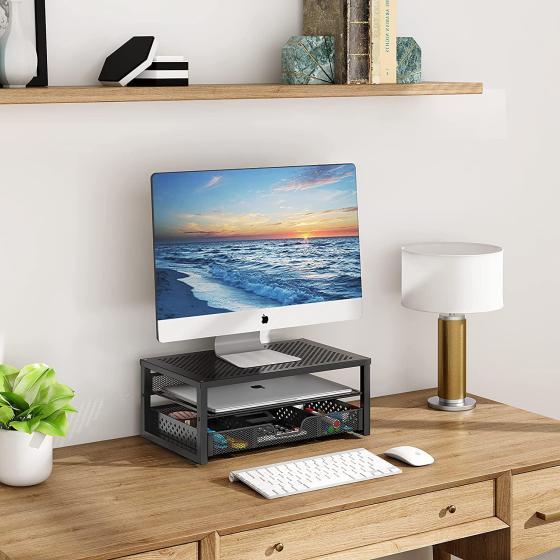 Simple Trending-Metal Monitor Stand Riser and Computer Desk Organizer with Drawer for Laptop, Computer, iMac, Black