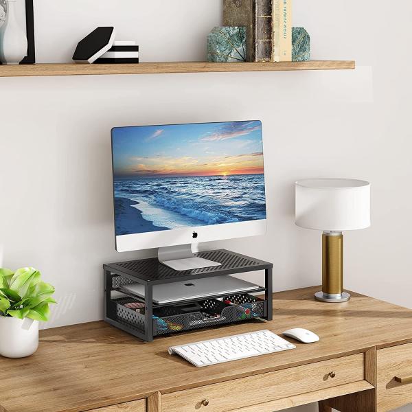 Simple Trending-Metal Monitor Stand Riser and Computer Desk Organizer with Drawer for Laptop, Computer, iMac, Black