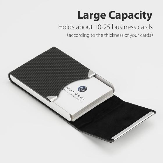 MaxGear Business Card Holder, PU Leather Business Card Case Pocket Card Holders for Men or Women, Metal Slim Name Card Holder RFID Blocking Business Card Carrier with Magnetic Closure, Black Carbon
