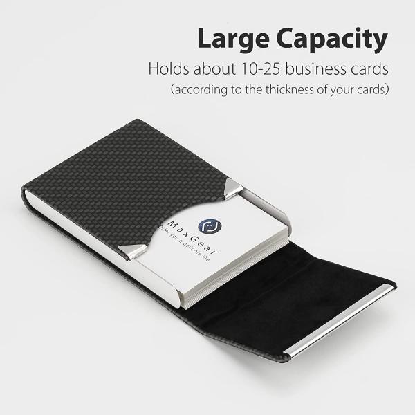 MaxGear Business Card Holder, PU Leather Business Card Case Pocket Card Holders for Men or Women, Metal Slim Name Card Holder RFID Blocking Business Card Carrier with Magnetic Closure, Black Carbon